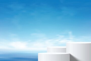 3D vector podium mockup with bright sky clouds background and water reflection. Perfect scenes for product presentation, cosmetic branding or showcase. Natural panorama of sea waves against blue sky