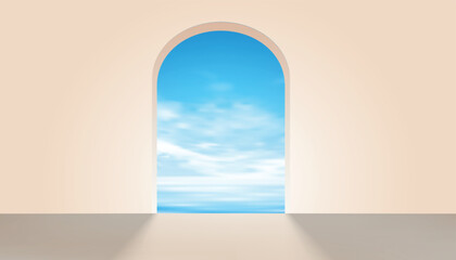 3D vector room mockup with bright sky clouds background and water reflection. Perfect scenes for product presentation, cosmetic branding or showcase. Natural panorama of sea waves against blue sky