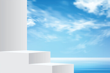 3D vector podium mockup with bright sky clouds background and water reflection. Perfect scenes for product presentation, cosmetic branding or showcase. Natural panorama of sea waves against blue sky