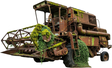 Abandoned rusty combine harvester heavily overgrown with moss and vines symbolizing decay and nature reclaiming industrial machinery agriculture farm equipment