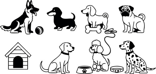 Fototapeta premium Cute dogs with dog house and toys vector illustration in black and white style