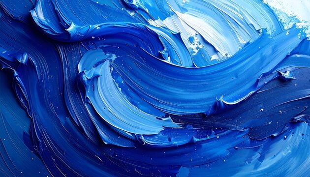 Abstract art with thick, swirling brushstrokes in shades of deep and light blue, creating a textured, wave-like effect - Powered by Adobe