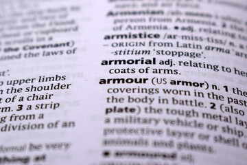 English Definition Dictionary Page Close Up Of Printed Word Of -armour