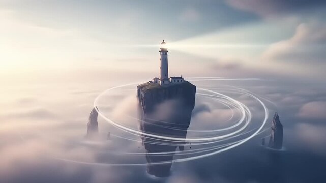 Lighthouse on a Floating Island Above the Clouds with Glowing Rings.