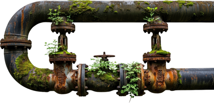 Old Rusty Industrial Pipes Overgrown With Moss And Green Plants On A Transparent Background Nature Decay Abandoned Vintage Grunge Texture Metal Pipework Valve