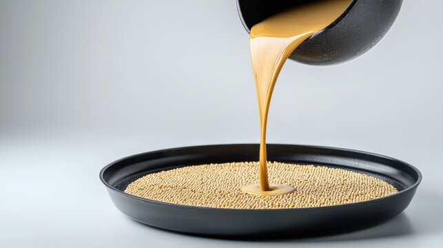 Close-up of pou golden honey onto round wheat cereal in a black bowl with minimalistic white background perfect for breakfast or food composition themes