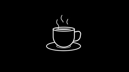 White Line Drawing of a Steaming Coffee Cup on a Saucer on Black Background hot drink beverage