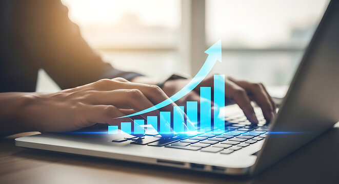 Hands typing on laptop keyboard with rising graph overlay, indicating growth and business success