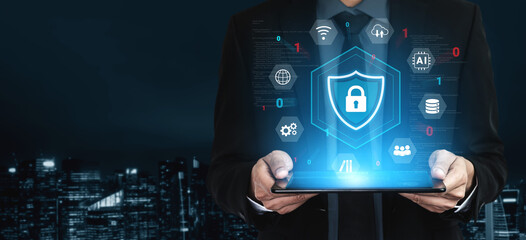 Cybersecurity protection secures network, prevents threats, and strengthens digital data security...