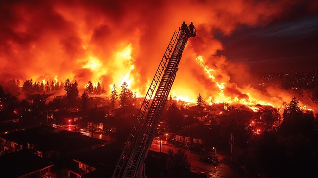 Firefighters on a ladder truck battling a raging wildfire threatening homes and forests at night with intense flames and smoke in the background