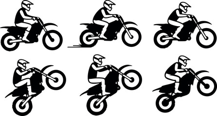 Naklejka premium Motorcycle rider performing stunt wheelies vector set with helmeted biker in different action poses