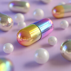Colorful capsules and spheres scattered on a soft pink surface create an engaging and vibrant scene showcasing the beauty of modern design