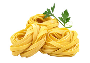 Three nests of uncooked yellow tagliatelle pasta with fresh green parsley sprig fettuccine dry pasta