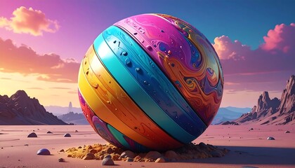 A vividly colored striped ball rests on a tan landscape, under a pink and blue sunset sky