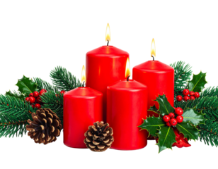 christmas decoration with red candles and pine cones isolated on transparent background