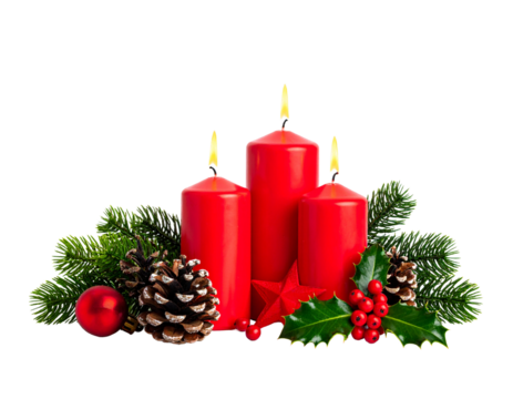 red christmas candles, holly, cones, pine branches and decorations isolated on transparent background - Powered by Adobe