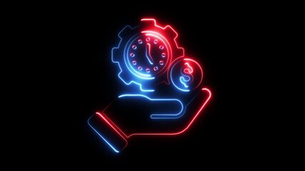 Neon hand holding clock gear and dollar coin symbol abstract glowing animation representing time management financial - Powered by Adobe