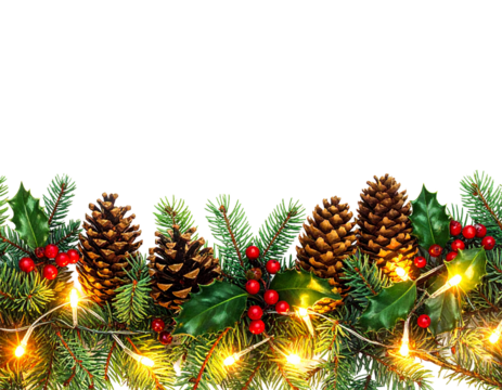 christmas tree with cones, holly and decorations