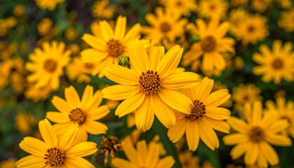 Fototapeta premium A vibrant cluster of yellow daisy-like flowers with dark centers, clustered in greenery, creating a warm & bright nature scene