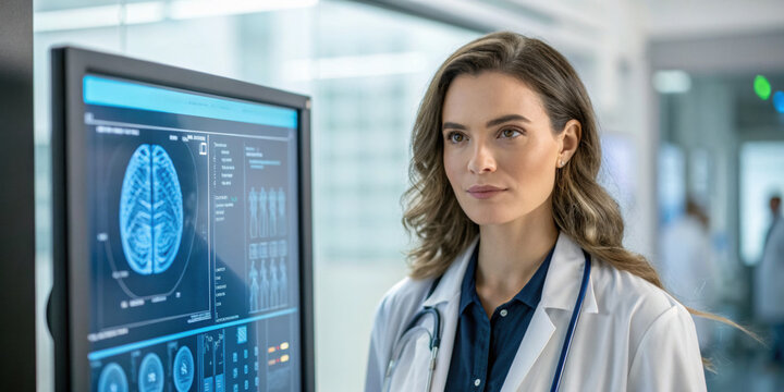 Focused female doctor in hospital setting looks at brain scan on monitor. This innovative medical business uses an advanced ai agent for neurological diagnostics - Powered by Adobe
