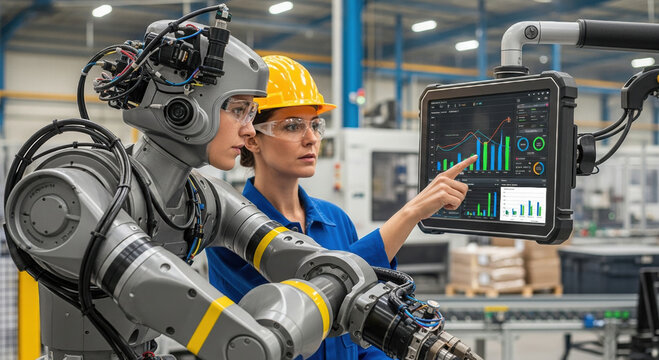 Focused woman engineer and ai robotic agent collaborate on automation for business in smart factory. worker analyzes data with advanced technology for process control