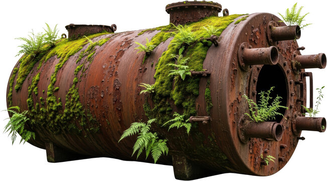 An old large rusted industrial boiler covered in green moss and ferns on a transparent background Machinery Grunge Decay Abandoned Vintage Nature Overgrown - Powered by Adobe