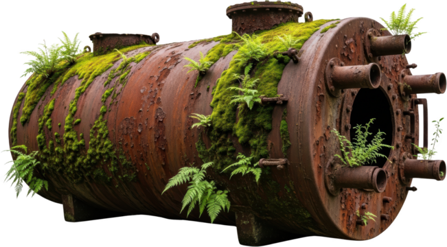 An old large rusted industrial boiler covered in green moss and ferns on a transparent background Machinery Grunge Decay Abandoned Vintage Nature Overgrown