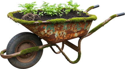 Old rusty wheelbarrow filled with soil and young green plants partially covered in moss garden gardening growth nature organic agriculture horticulture