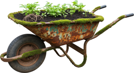 Old rusty wheelbarrow filled with soil and young green plants partially covered in moss garden gardening growth nature organic agriculture horticulture