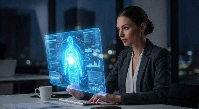 Focused professional woman in modern business office uses futuristic hologram for medical diagnosis. An advanced ai agent analyzes human anatomy for future healthcare technology