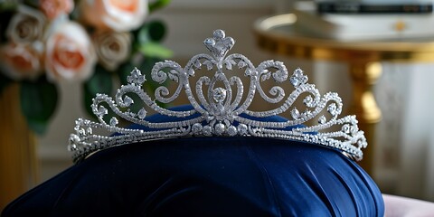 Obraz premium Exquisite diamond tiara rests on a luxurious velvet cushion, symbolizing royalty and elegance.