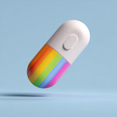 Colorful capsule floating against a blue background, showcasing vibrant rainbow design and modern aesthetic