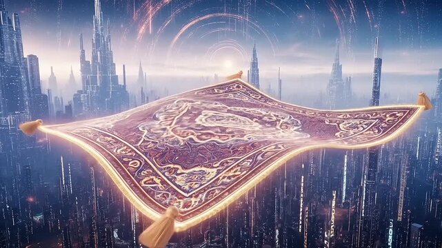 Magical Flying Carpet Soaring Over Futuristic Cityscape.