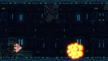 Pixel art horizontal shooter scene with a spaceship launching a missile toward a robotic boss core in a futuristic neon-lit sci-fi environment filled with dark circuitry and glowing lights. - Powered by Adobe