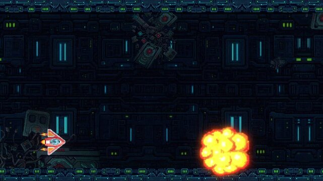 Pixel art horizontal shooter scene with a spaceship launching a missile toward a robotic boss core in a futuristic neon-lit sci-fi environment filled with dark circuitry and glowing lights. - Powered by Adobe
