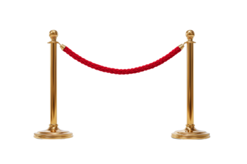 Gold Stanchions or velvet rope stanchion. Golden stanchion and red velvet rope barrier isolated on transparent White background png