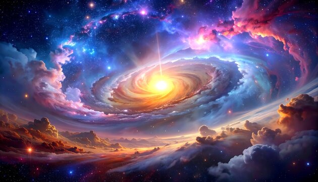 Abstract cosmic swirl, galaxy core. Colorful ethereal clouds, bursts of light, and nebulae fill the artistic scene