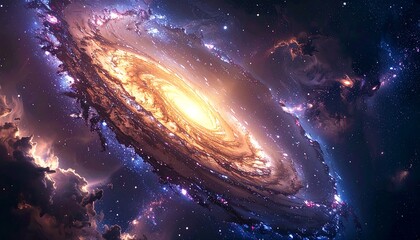 A swirling galaxy with vibrant orange core, surrounded by cosmic dust and nebulous clouds in blues and purples