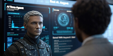 Serious ai agent discusses future business strategy in high tech office. This professional man analyzes technology data from large screen during meeting