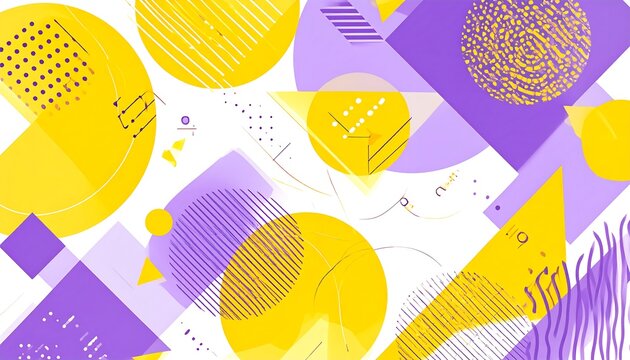 Abstract backdrop of overlapping yellow circles and purple shapes on a white background with geometric details