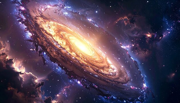 A swirling galaxy with vibrant orange core, surrounded by cosmic dust and nebulous clouds in blues and purples - Powered by Adobe