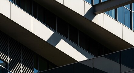 Abstract architectural detail of a modern building facade featuring strong diagonal lines, glass, and shadows.