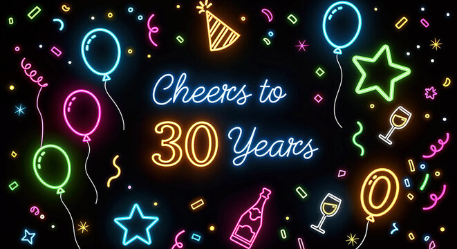 Cheers to 30 Glowing Years – Celebrate with Neon Vibes, Sparkling Memories, and a Legacy of Laughter, Success, and Unforgettable Moments!