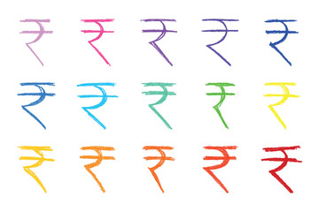 Set of hand drawn rupee currency symbol. Brush stroke doodle. Single element for design