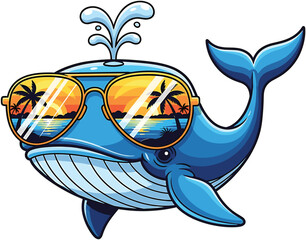 Cool cartoon whale wearing sunglasses reflecting a sunset beach scene, with a water spout. A fun, vibrant graphic for beach lovers, summer, and marine life themes.