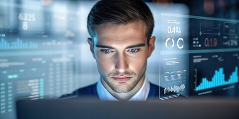 Focused professional business agent uses an advanced ai interface to analyze financial data. man works late monitoring futuristic stock market on his screen