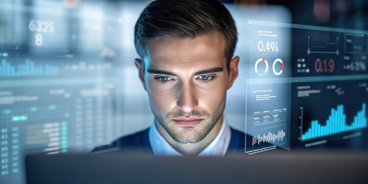 Focused professional business agent uses an advanced ai interface to analyze financial data. man works late monitoring futuristic stock market on his screen - Powered by Adobe