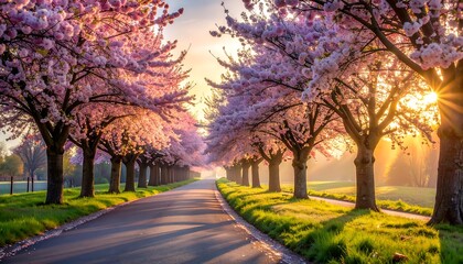 A road lined with blossoming trees leads into a sunlit horizon during spring