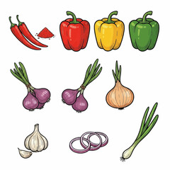 Colorful Fresh Vegetables and Spices Vector Illustration Set