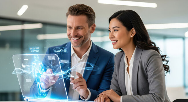 Smiling business team collaborates with futuristic ai agent. happy man and woman analyze financial data on holographic screen in modern corporate office setting
